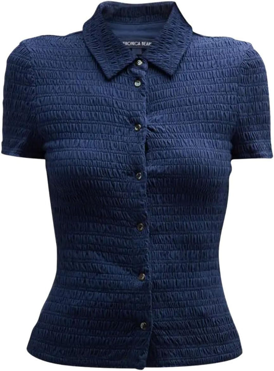Veronica Beard Women Henri Blue Smocked Short Sleeve Top