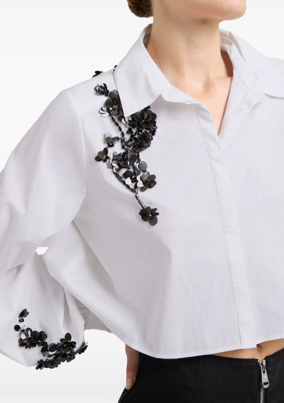 Cinq A Sept Women Evie Crewneck 100% Cotton Long Sleeves Blouse Black/Multi
