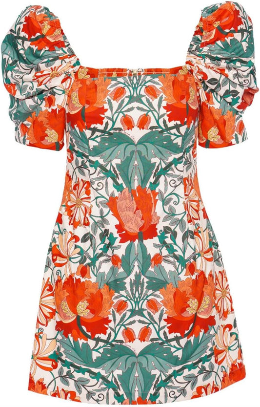 Cara Cara Women Kelly Egret Wild Blossoms Square Neck Puff Sleeves Mini Dress