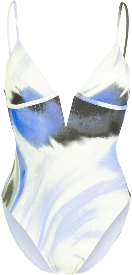 Simkhai Women One Piece Swimsuit Maelle V-Neck Pull On Marina Blue Print