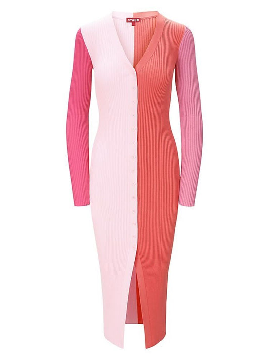 STAUD Women Shoko Sweater Dress Flamingo Multi Ribbed Knit Midi