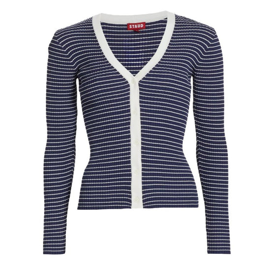Staud Women Cardigan Sweater Cargo Ribbed Knit Navy Micro Stripe