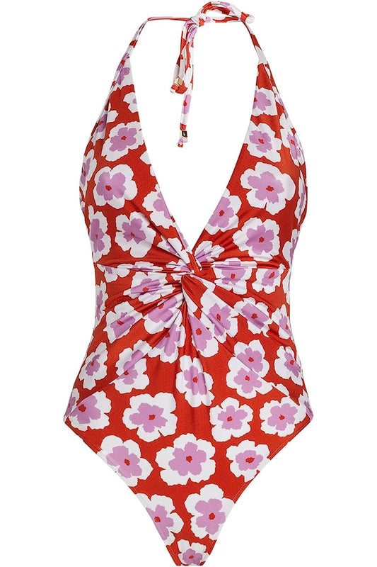 PatBO Women's Windflower Red Pink Floral Print Plunge One Piece Swimsuit