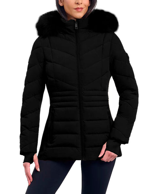 Michael Michael Kors Women's Black Chevron Faux Fur Hooded Coat