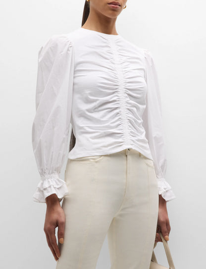 Cinq a Sept Women's Mahnaz Ruched Poplin Puff-Sleeve Top, White