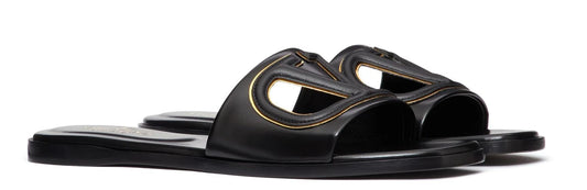 Valentino Garavani Women's VLogo Cut-Out Leather Slides, Black