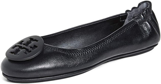 Tory Burch Women's Minnie Travel Ballet Flats Black Leather with Black Logo Shoes