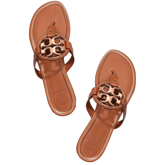 Tory Burch Miller Women Tan Rose Gold Metal Logo Leather Thong Sandals