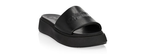 Ganni Women Footwear Sporty Mix Embossed Logo Cushioned Wedge Heel Slide Sandals Black