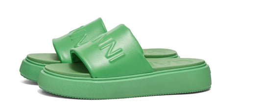 Ganni Women Kelly Footwear Sporty Mix Embossed Logo Cushioned Wedge Heel Slide Sandals Green
