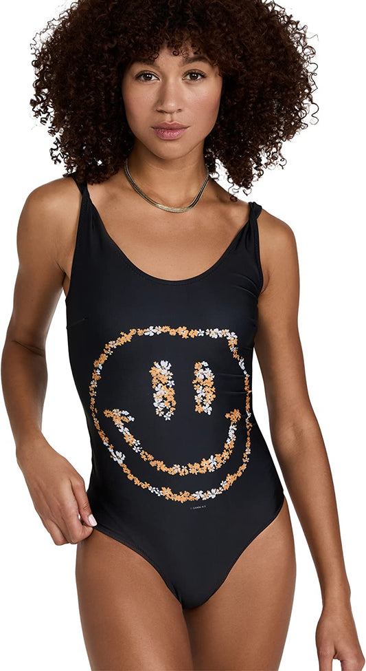 Ganni Twisted Strap Smiley Face Swimsuit Black