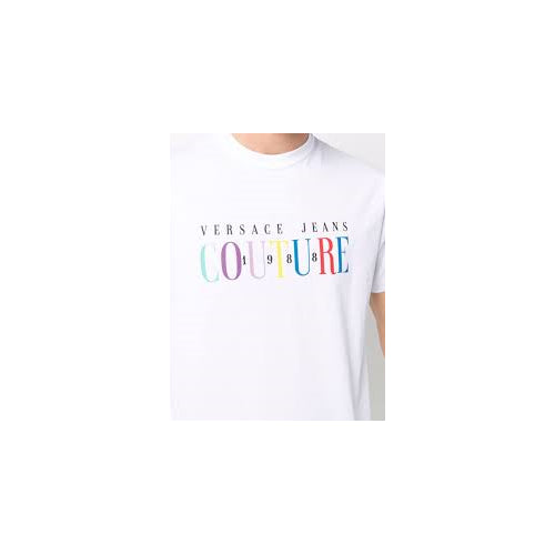 Versace Jeans Couture Men's White Multi Color Logo Short Sleeve Crew Neck T-Shirt