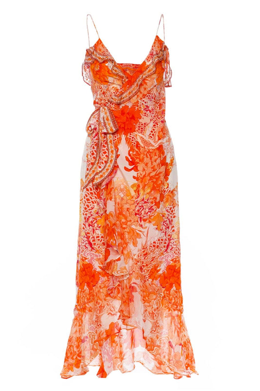 Camilla Women's Long Wrap Dress with Frill, Dragon Mother, Orange, Print