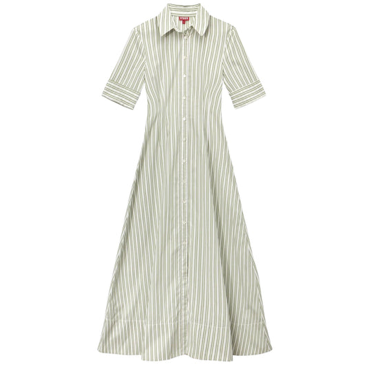 Staud Joan Moss Stripe Cotton 3/4 Sleeves Collared Maxi Dress