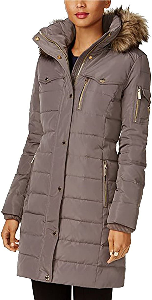 Michael Michael Kors Women Flannel Down 3/4 Puffer Coat with Faux fur and Hood