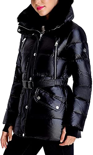 Michael Michael Kors Women's Black Belted Faux Fur Collar Down Coat Jacket XXS