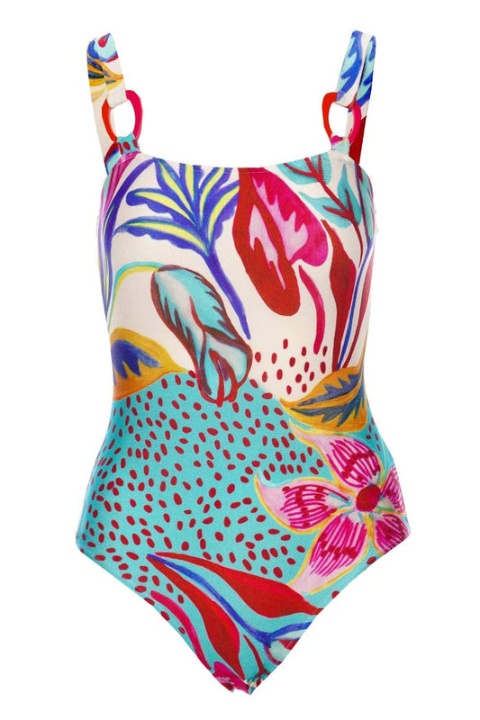 Patbo White Women's One Piece Flora Abstract Print Square Neck Swimsuit