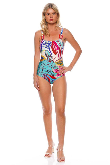 Patbo White Women's One Piece Flora Abstract Print Square Neck Swimsuit