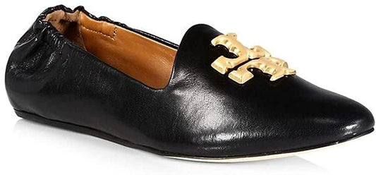 Tory Burch Women's Black Leather Eleanor Logo Buckle Flats Loafers Shoes