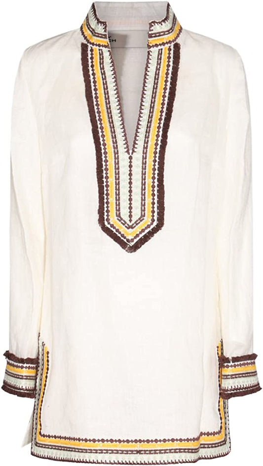 Tory Burch Women Ivory White Embroidered Linen Long Sleeve Tunic Beach Cover