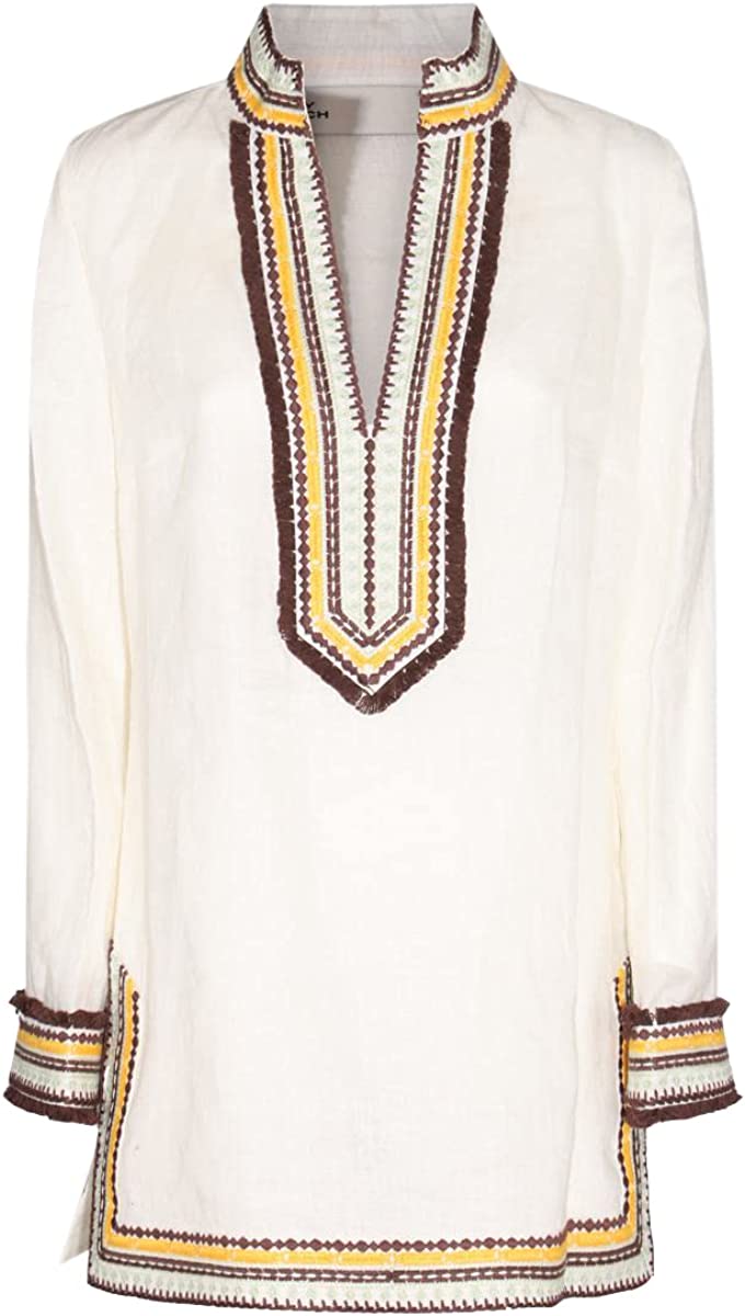 Tory Burch Women Ivory White Embroidered Linen Long Sleeve Tunic Beach Cover