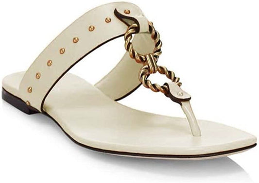 Tory Burch Women's Ivory Vintage Plaque Leather Thong Sandals Flats Shoes