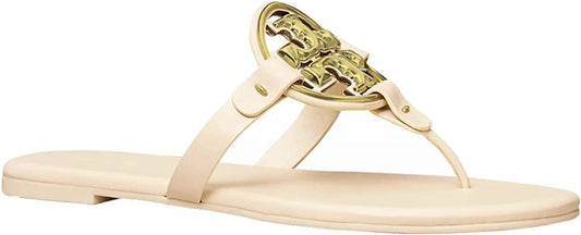 Tory Burch Women New Cream Gold Soft Leather Metal Miller Thong Sandals