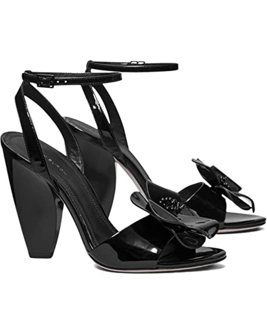 Tory Burch Women Footwear Flower Patent Leather Heel Sandals Pearl Perfect Black
