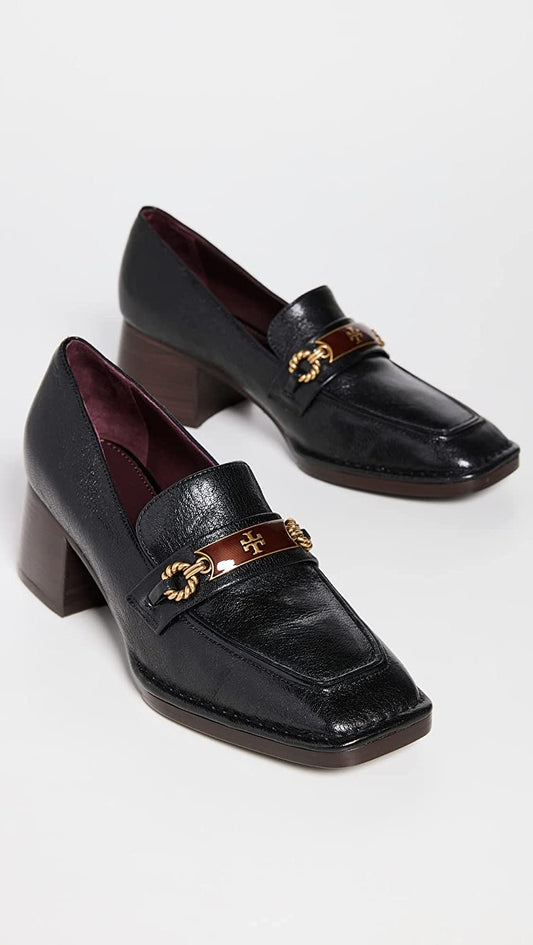 Tory Burch Women Perrine Perfect Black Block Heel Square Toe Leather Loafer Shoe