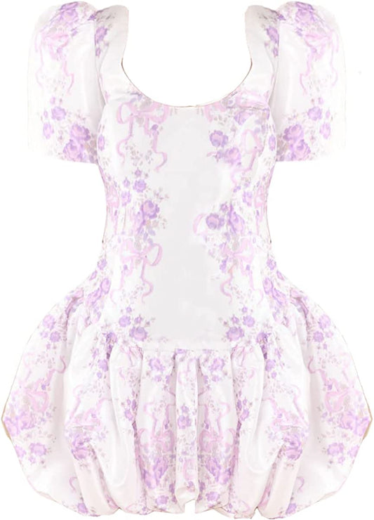 LOVESHACKFANCY Women Nelisia White Purple Floral Print Bubble Hem Mini Dress