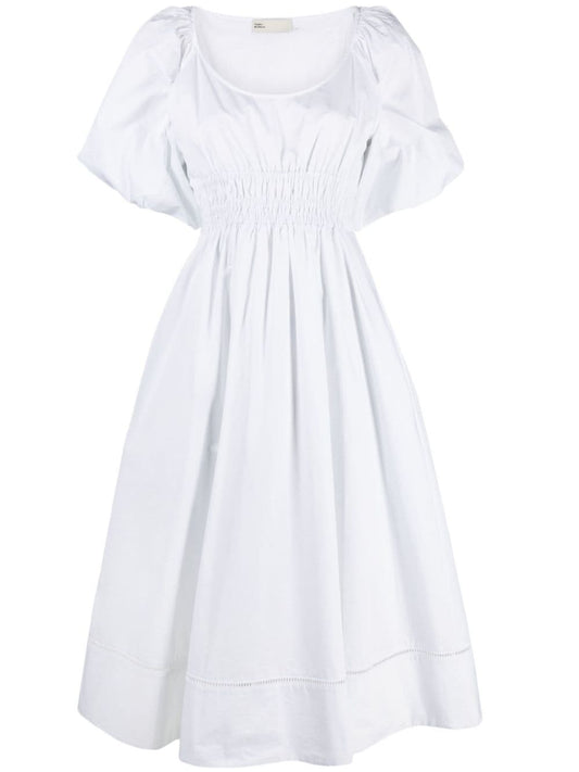 Tory Burch Women Scoop Neck Short Balloon Sleeves White Midi Dress