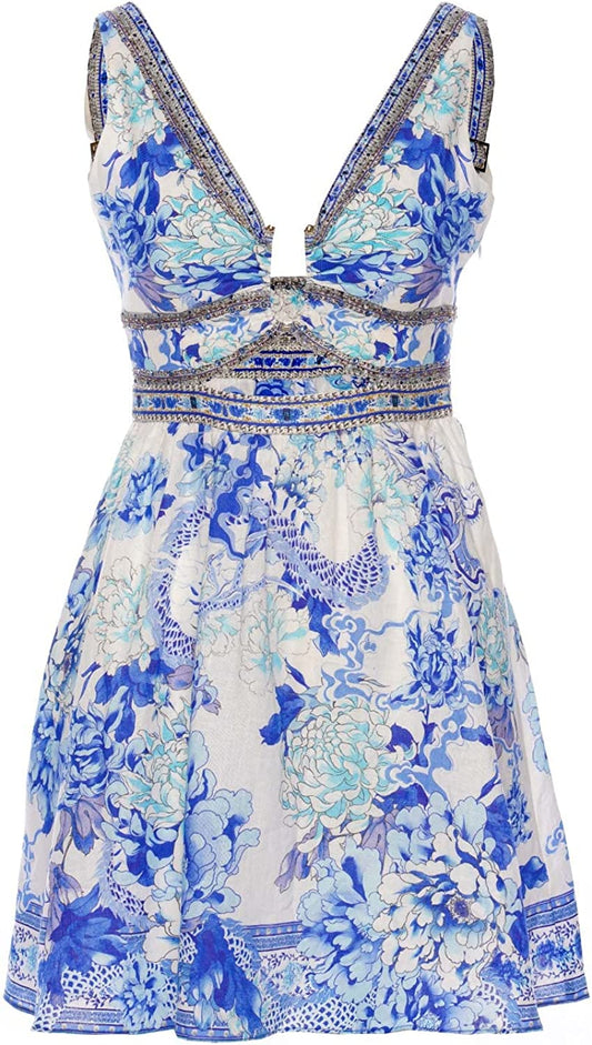 Camilla Women Heart of a Dragon Blue Floral V Neck Cutout Short Dress