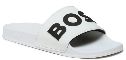 Hugo Boss Men Alabaster Big Logo Slide Kirk Flat Sandals Bright White