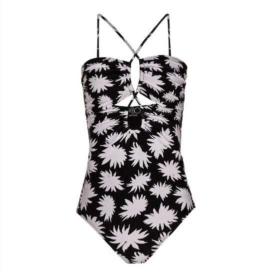 Patbo Women Black White Floral Dahlia Lace Up One-Piece Swimsuit