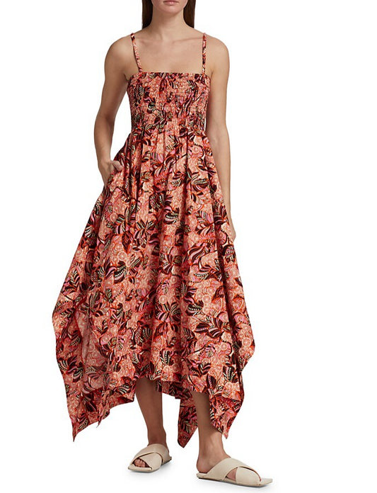 A.L.C. Women Adriana Cut Out Smocked Asymmetric Maxi Dress Orange/Rose Multi