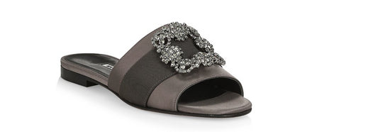 Manolo Blahnik Women Gray Martamod Crystal Embellished Satin Flat Mules Sandals