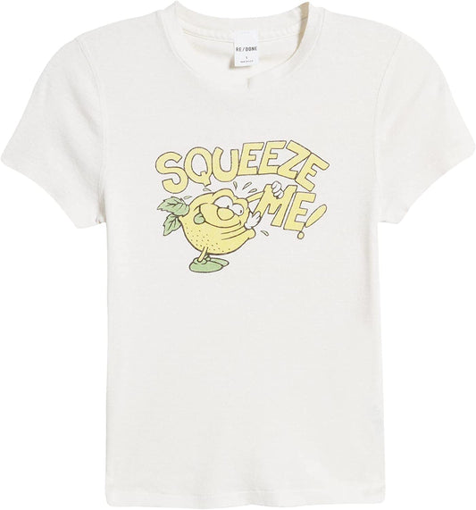 Re/Done Women 90S Baby Tee Squeeze Me Vintage White Cotton T-Shirt