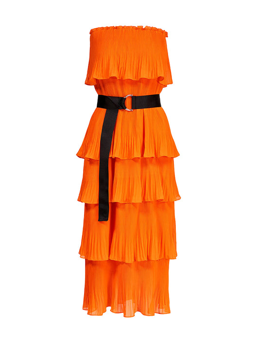 Essential Antwerp Dewave Pleated Ruffle Halter Midi Dress Orange
