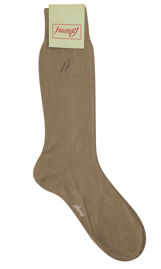 Brioni Men's Light Brown 100% Cotton Ribbed Knit Logo Socks