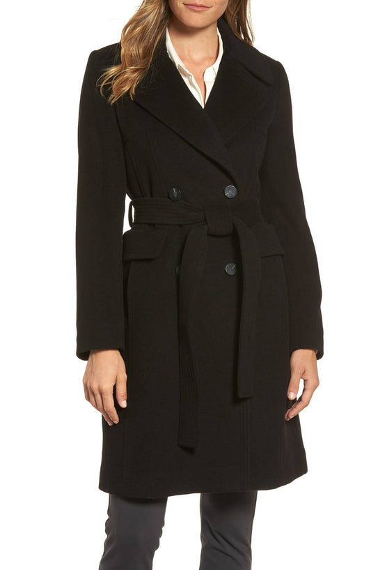 Diane von Furstenberg Women's Double Breasted Tie Waist Wool Coat Black
