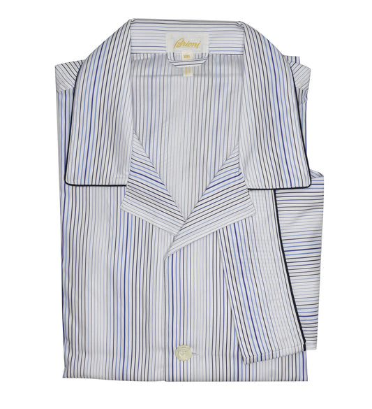 Brioni Men Sleepwear Blue White Striped 100% Cotton Pajamas Set