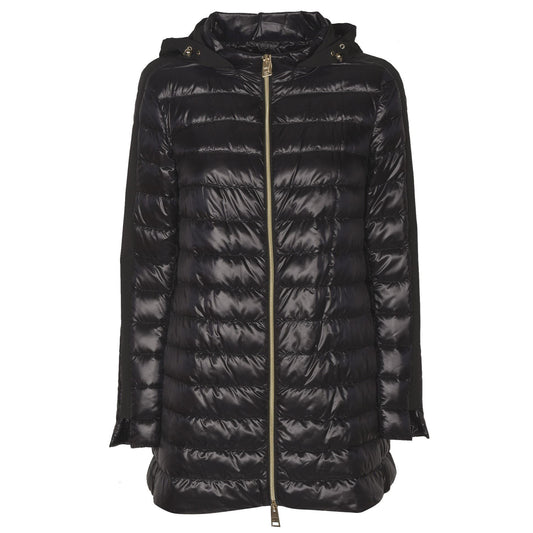 Herno Women's Black Lightweight Down Fill Hooded 3/4 Coat Quilted Jacket,Black