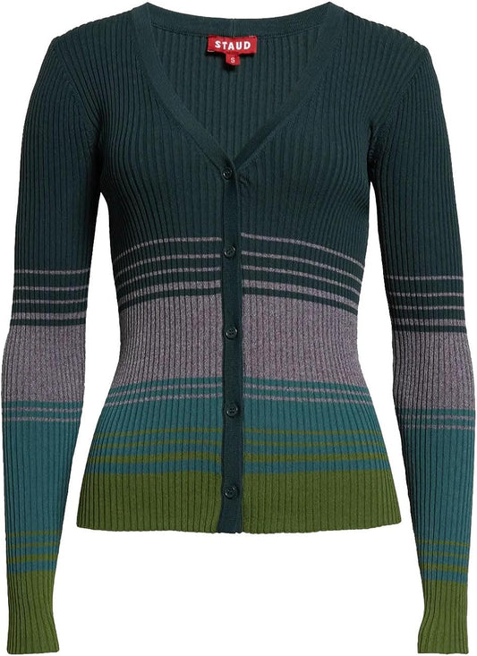 STAUD Women Cargo Color Block Ribbed Knit Cardigan Sweater Pine Forest