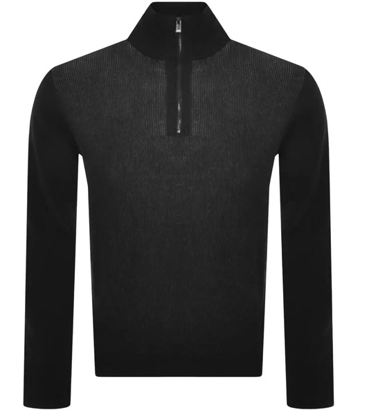 Hugo Boss Men's Ofilato Black Ribbed Knit Virgin Wool Half Zip Sweater
