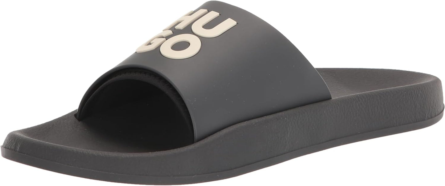 HUGO Men's Black Logo Stacked Logo Slide Sandal Shoes