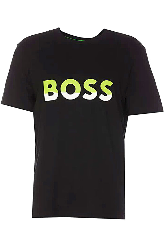 HUGO BOSS Men Big Logo Jersey Cotton T-Shirt Deep Black/Tender Shoots Green