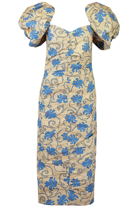 Rhode Women Tessa Puff Sleeve Sweetheart Neck Midi Dress Beige Mosaic Blossom