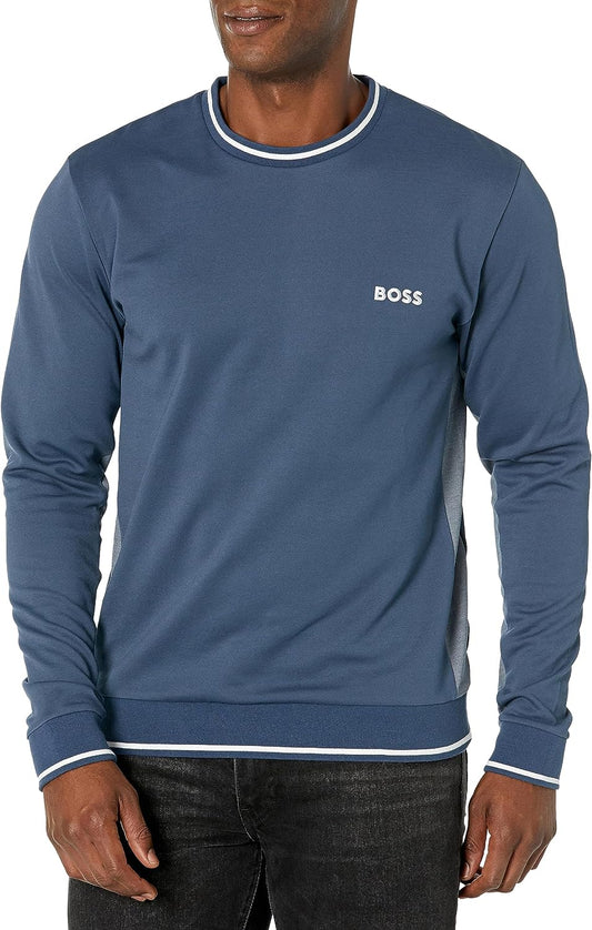 HUGO BOSS Men Embroidered Logo Cotton Blend Sweatshirt Spruce Blue Knit Sweater