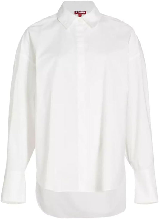 Staud Women Solid White Long Sleeve Collared Oversized Cotton Shirt