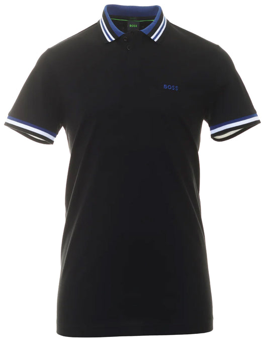Hugo Boss Men's Paddy 2 NCSA Navy Blue Short Sleeve Cotton Polo T-Shirt with Light Blue Ribbed Knit Collar